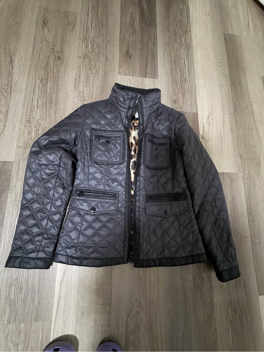 Laundry By Shelli Segal Black Quilted Lightweight Jacket with Leopard Trim